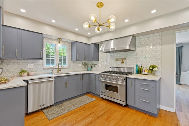 kitchen with stainless steel dishwasher, light hardwood / wood-style floors, range with gas stovetop, and wall chimney range hood