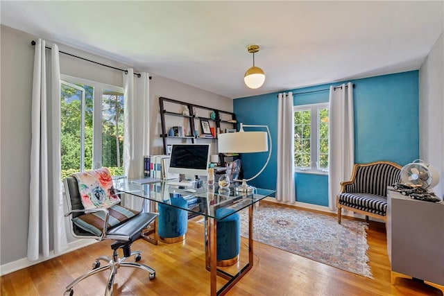 office area featuring baseboards and wood finished floors