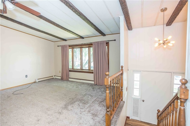 carpeted spare room with beamed ceiling, a notable chandelier, and a baseboard radiator