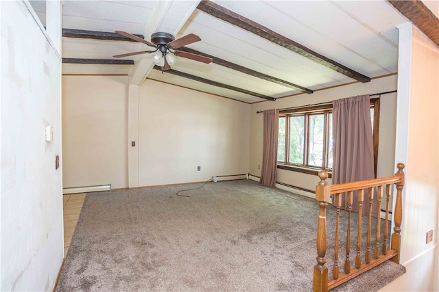 unfurnished room featuring lofted ceiling with beams, ceiling fan, carpet flooring, and baseboard heating