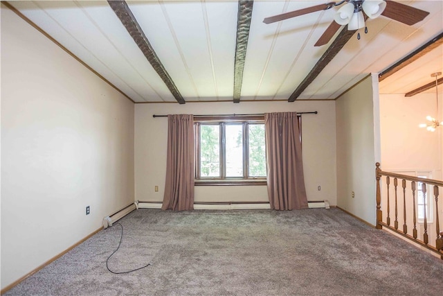 spare room featuring beam ceiling, carpet flooring, a baseboard radiator, and ceiling fan