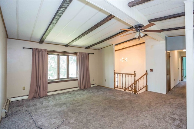 carpeted empty room featuring ceiling fan with notable chandelier, baseboard heating, and vaulted ceiling with beams