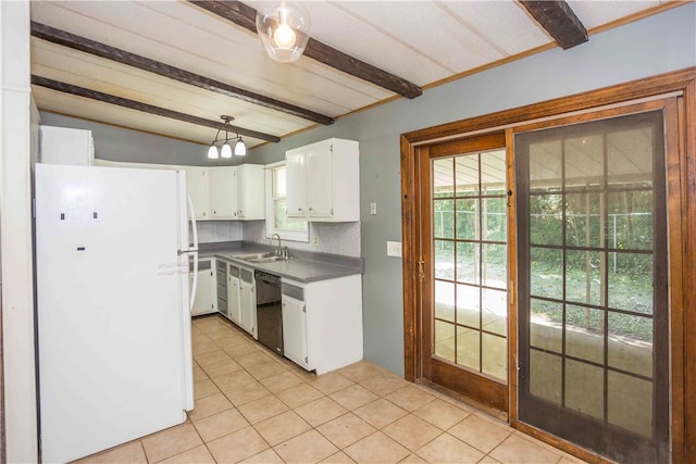 kitchen with white cabinetry, white fridge, light tile patterned floors, black dishwasher, and sink