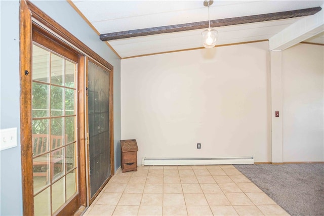 empty room featuring baseboard heating, vaulted ceiling with beams, and light tile patterned floors