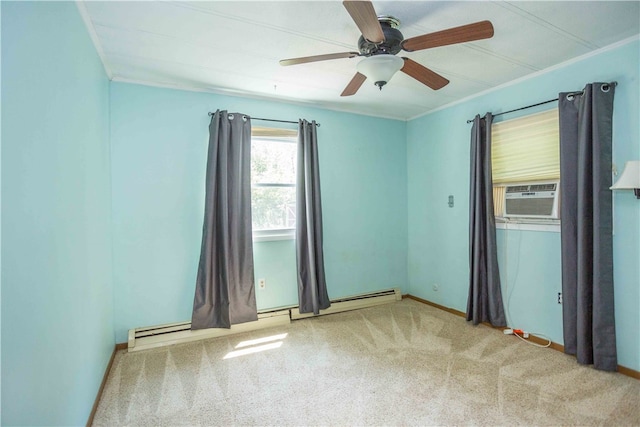 carpeted empty room featuring a baseboard radiator, cooling unit, ceiling fan, and ornamental molding