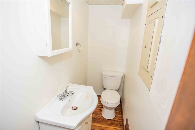 bathroom featuring vanity, electric panel, and toilet