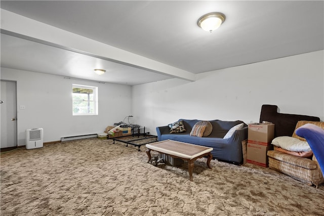 carpeted living room featuring baseboard heating and beam ceiling