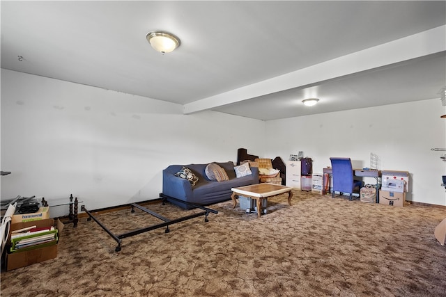 living room featuring beam ceiling and carpet floors