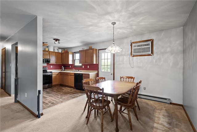 dining area featuring a wall mounted AC, baseboard heating, light colored carpet, and an inviting chandelier