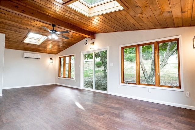 spare room with ceiling fan, dark hardwood / wood-style floors, wood ceiling, lofted ceiling with skylight, and a wall mounted AC