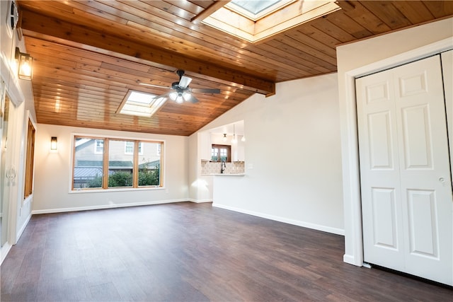 unfurnished living room featuring ceiling fan, dark wood-type flooring, wood ceiling, and lofted ceiling with skylight