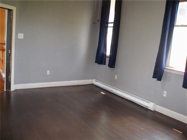 empty room featuring dark hardwood / wood-style floors and baseboard heating