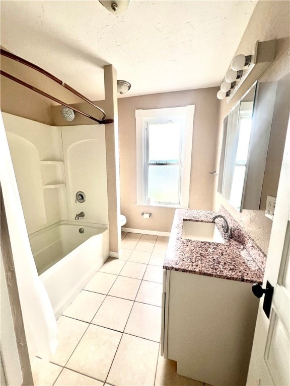 full bathroom with toilet, vanity, tile patterned flooring, and shower / bath combo with shower curtain