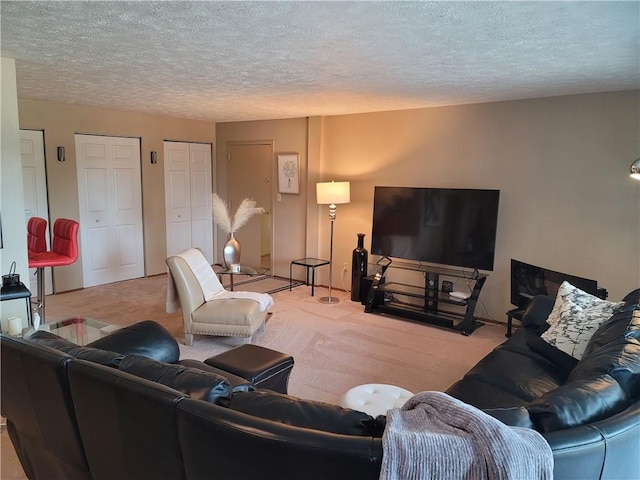 living room with a textured ceiling and light carpet