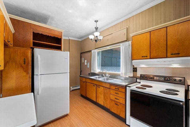 kitchen featuring pendant lighting, a baseboard heating unit, white fridge, electric stove, and sink