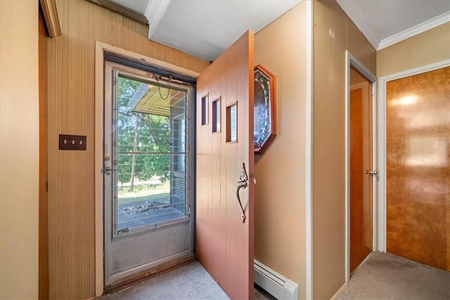 doorway to outside featuring baseboard heating, ornamental molding, light colored carpet, and wooden walls