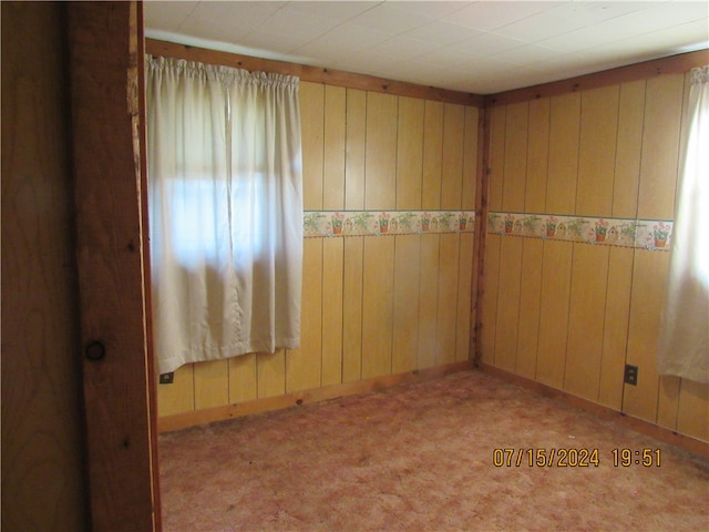 carpeted spare room with wooden walls