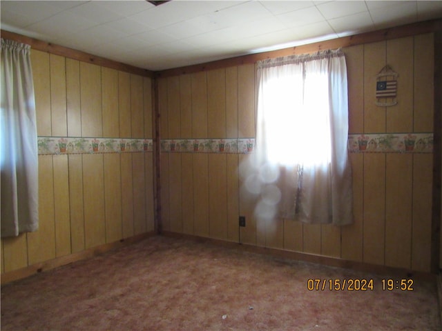 empty room with wooden walls and carpet flooring