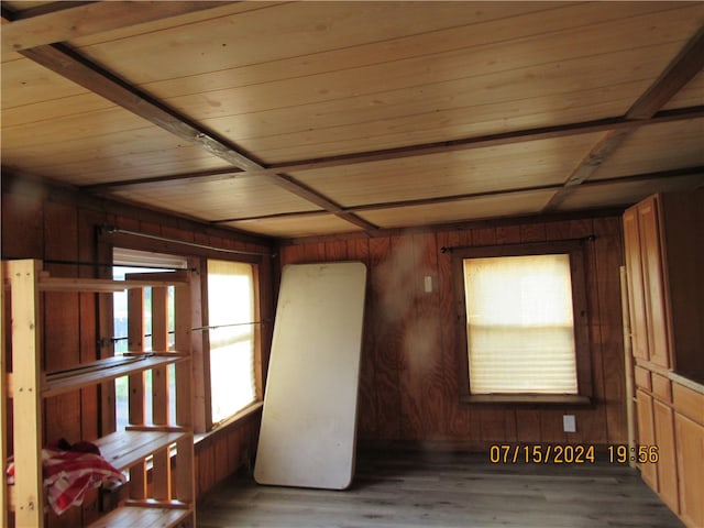 unfurnished room featuring hardwood / wood-style flooring, wooden walls, and wooden ceiling