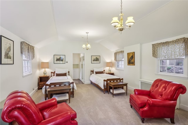 bedroom with an inviting chandelier, multiple windows, and carpet flooring