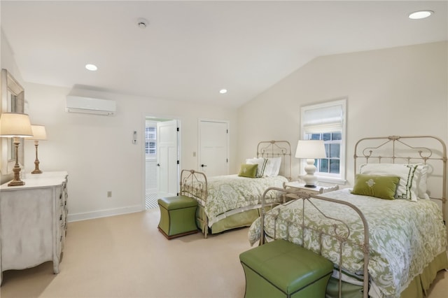 bedroom with a wall unit AC, carpet flooring, and lofted ceiling