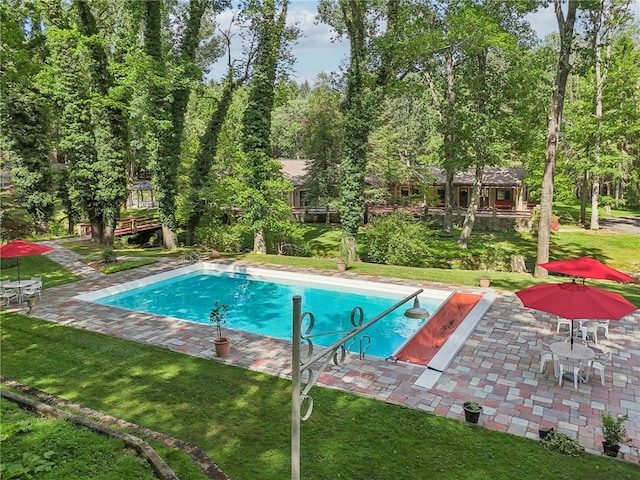 view of swimming pool with a patio and a yard