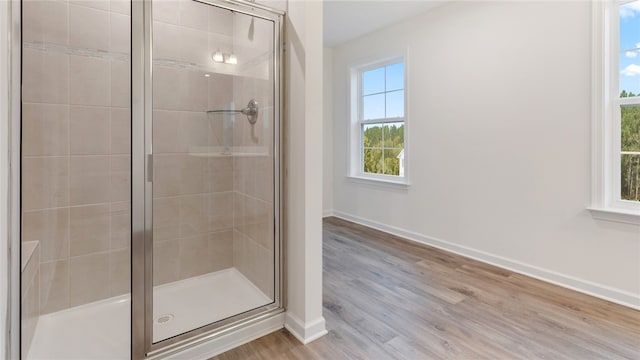 bathroom with walk in shower, wood-type flooring, and plenty of natural light