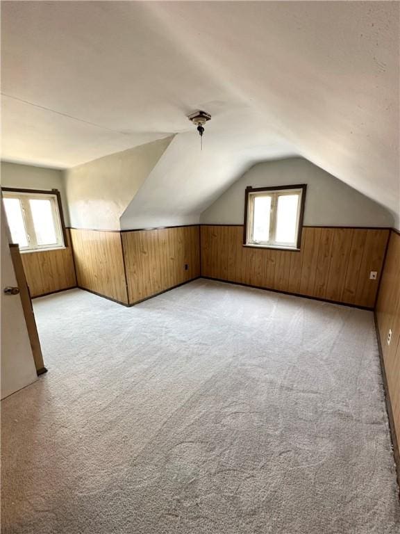 additional living space featuring a wealth of natural light, light carpet, and vaulted ceiling