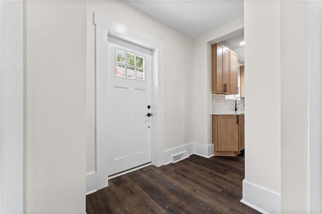 entrance foyer featuring sink and dark hardwood / wood-style floors