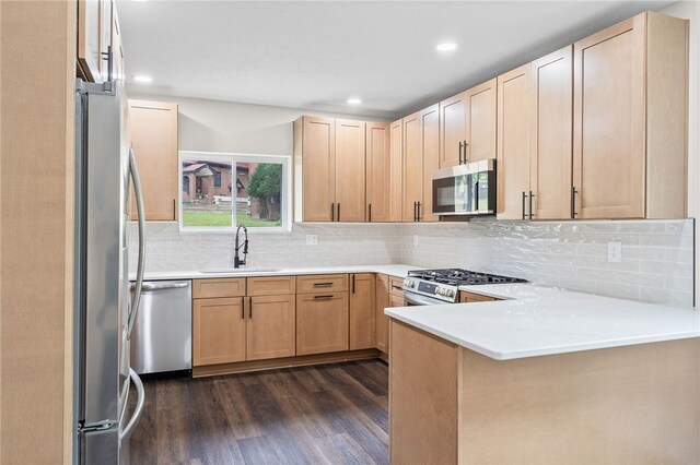 kitchen with light brown cabinets, tasteful backsplash, dark hardwood / wood-style flooring, stainless steel appliances, and sink