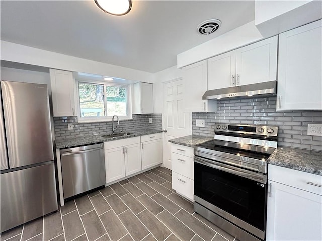 kitchen featuring white cabinets, decorative backsplash, sink, and stainless steel appliances