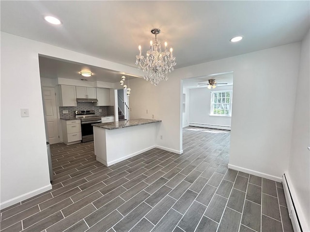 kitchen with baseboard heating, white cabinetry, kitchen peninsula, and electric stove