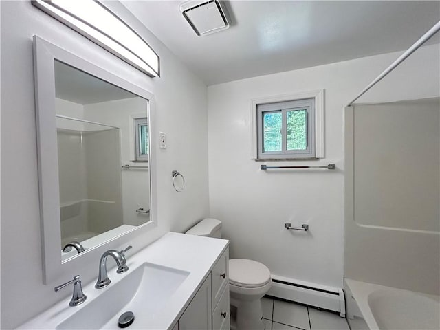 bathroom featuring tile patterned flooring, vanity, a baseboard heating unit, and toilet