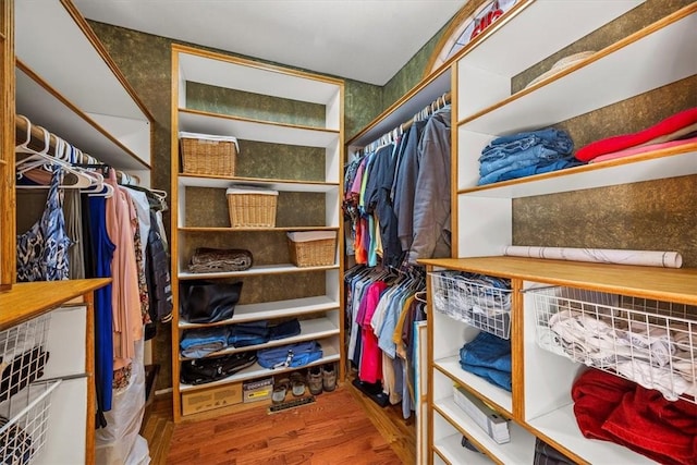 walk in closet with hardwood / wood-style flooring