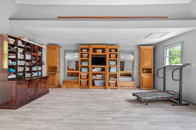 workout room with light hardwood / wood-style floors