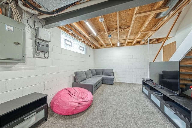 living room with carpet flooring and electric panel