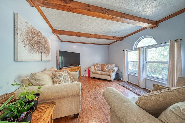 living room featuring ornamental molding, light hardwood / wood-style flooring, a textured ceiling, and lofted ceiling with beams