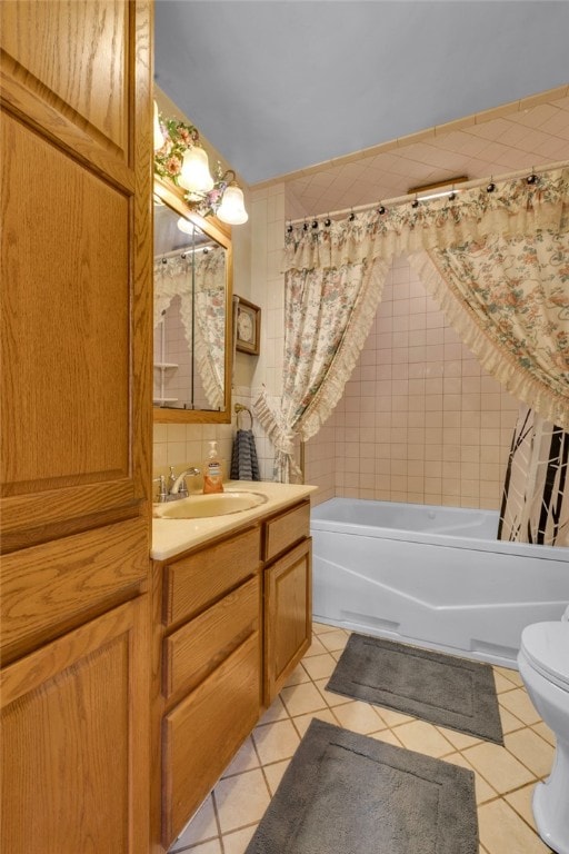 full bathroom with shower / tub combo with curtain, vanity, tile patterned flooring, and toilet