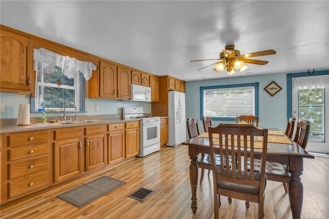 dining space featuring light hardwood / wood-style floors, sink, and ceiling fan