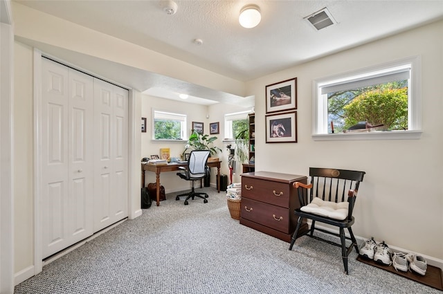 office area with carpet flooring, visible vents, and baseboards