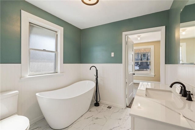 bathroom featuring vanity, toilet, and a bath