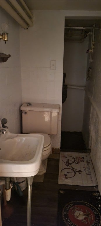 bathroom featuring sink, wood-type flooring, and toilet