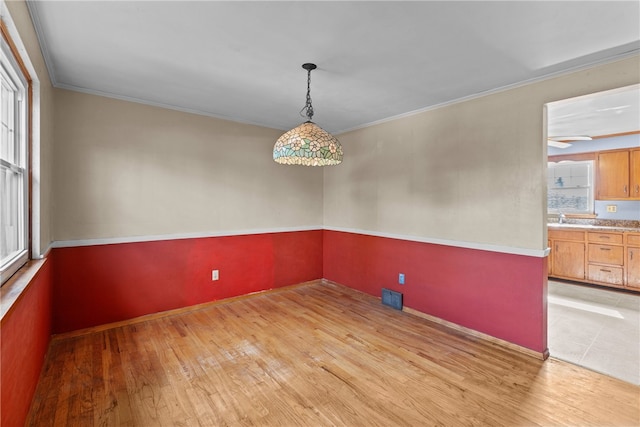 empty room featuring sink, a wealth of natural light, and light wood-type flooring