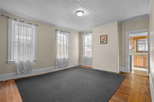 empty room featuring sink, a textured ceiling, and hardwood / wood-style flooring