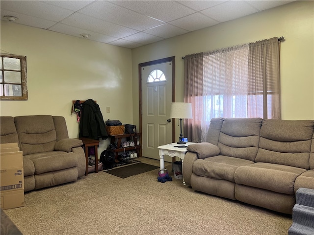 living room featuring carpet flooring and a paneled ceiling