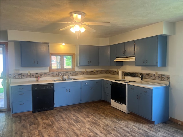 kitchen featuring ceiling fan, sink, dishwasher, dark hardwood / wood-style floors, and white electric stove