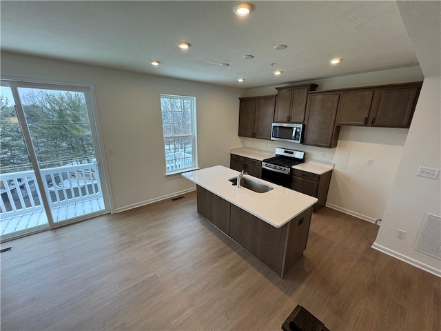 kitchen featuring a wealth of natural light, sink, an island with sink, and stainless steel appliances