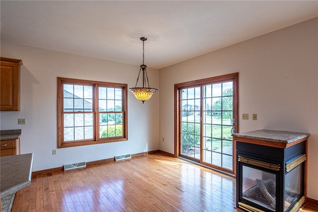 unfurnished dining area featuring a healthy amount of sunlight and light hardwood / wood-style floors