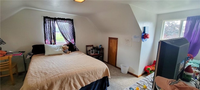 bedroom with lofted ceiling and carpet floors