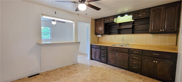 kitchen with dark brown cabinetry, sink, ceiling fan, and backsplash